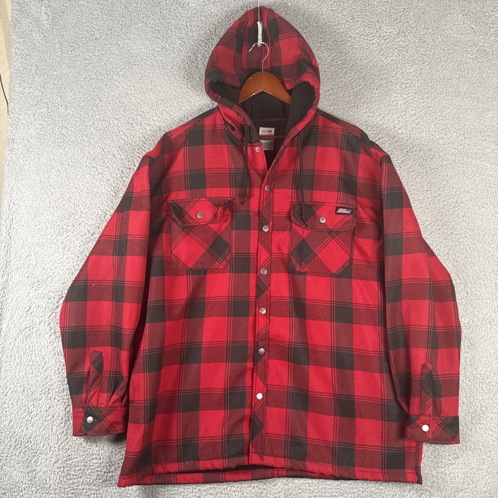 Dickies Jacket 2XL Red Buffalo Plaid Hooded Flannel Lined Snap Front Shacket